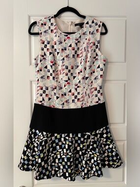 BCBGMaxAzria Cream, Black, Pink  Geometric Fit-and-Flare Dress